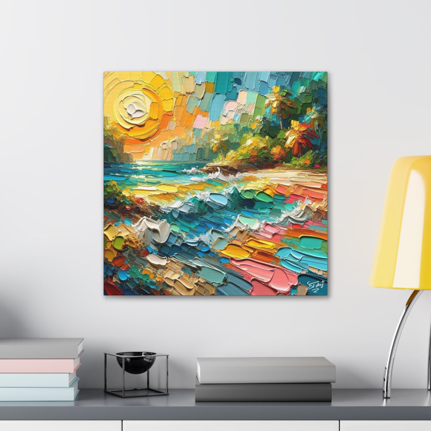 Art Print of Caribbean Beach Scene, Abstract, Oil Painting, West Indian Art, Canvas Gallery Wraps