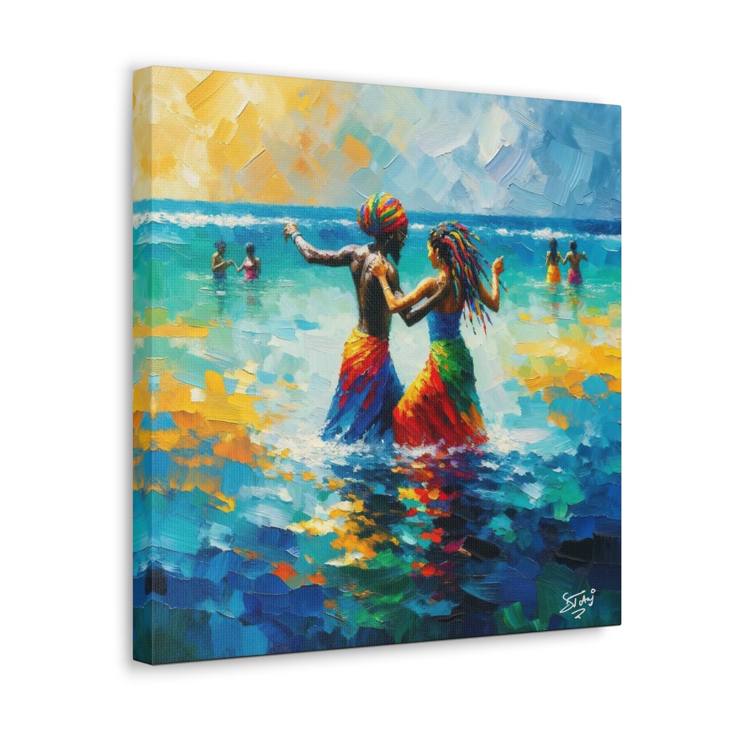 Art Print, Caribbean Couple, "In Our World" Semi-Abstract Oil Finish, West Indian Ethnicity, Cultural, Heritage, Abstract, Canvas Gallery Wrap