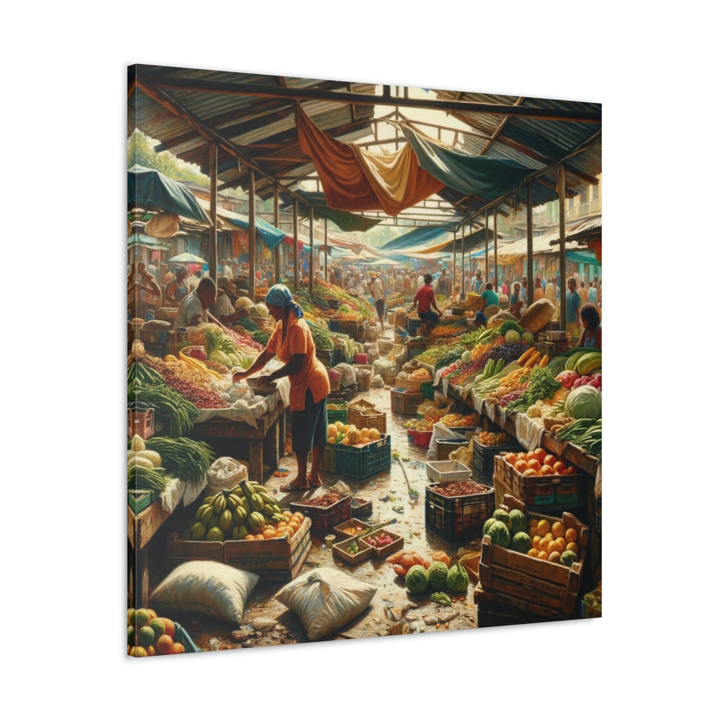 Art Print#3, "Selling at the Market", Market Scene in Trinidad, Caribbean, Oil Finish, West Indian Art, Canvas Gallery Wraps