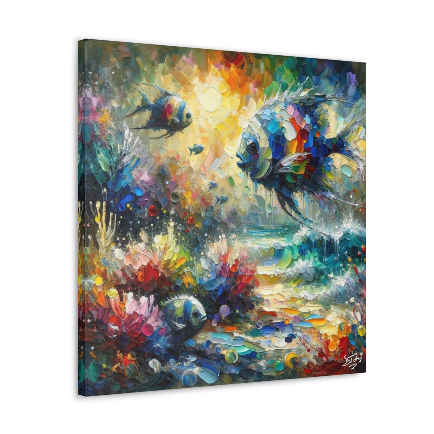 Art Print, Fishes in Coral Reef (2), Oil Finish, Caribbean Nature, Semi-Abstract, Canvas Gallery Wrap