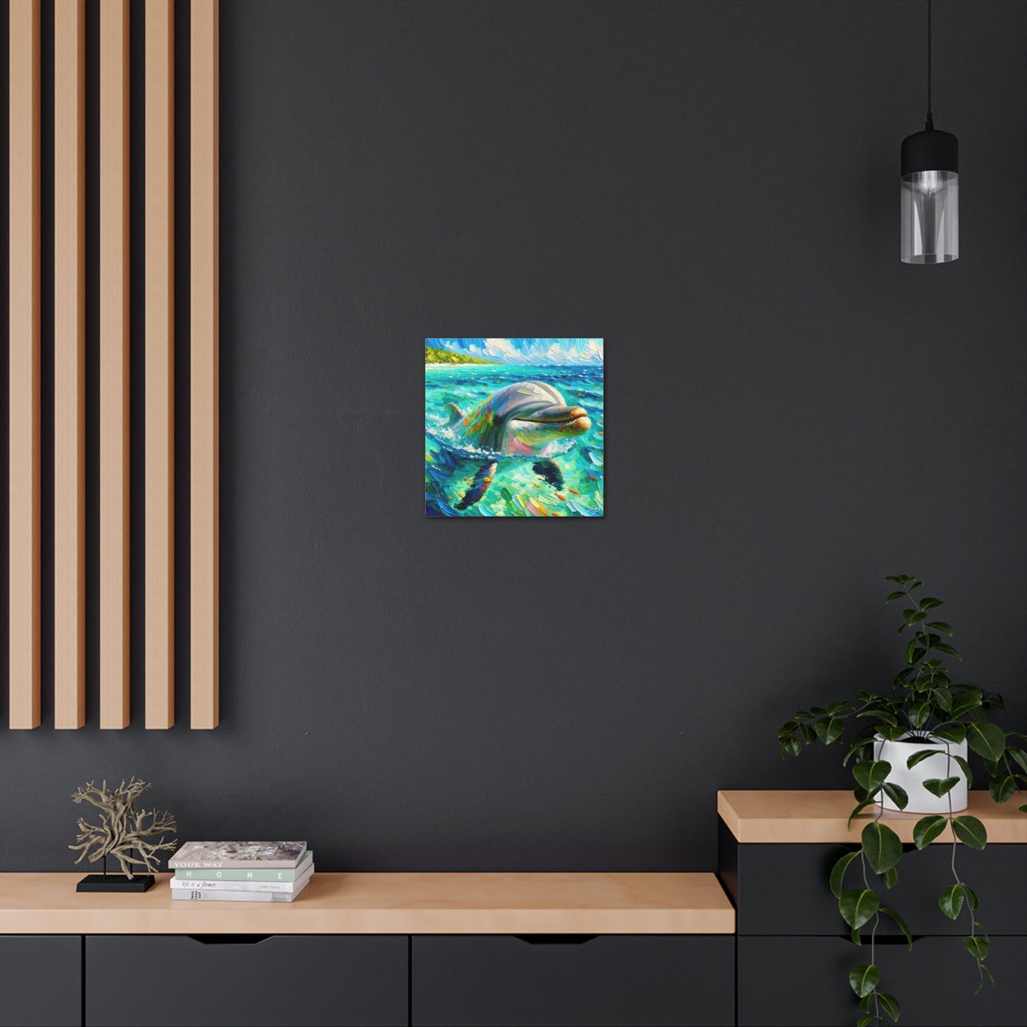 Art Print, Dolphin in Caribbean Sea, Oil Finish, Caribbean Nature, Canvas Gallery Wrap