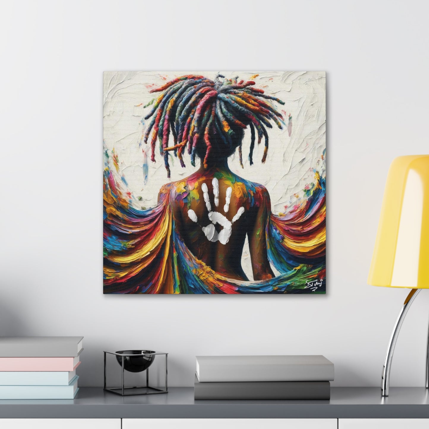 Art Print, Afro-Caribbean Woman, "White Hand on Back," Oil Finish, West Indian Ethnicity, Cultural, Heritage, Semi-Abstract, Canvas Gallery Wrap