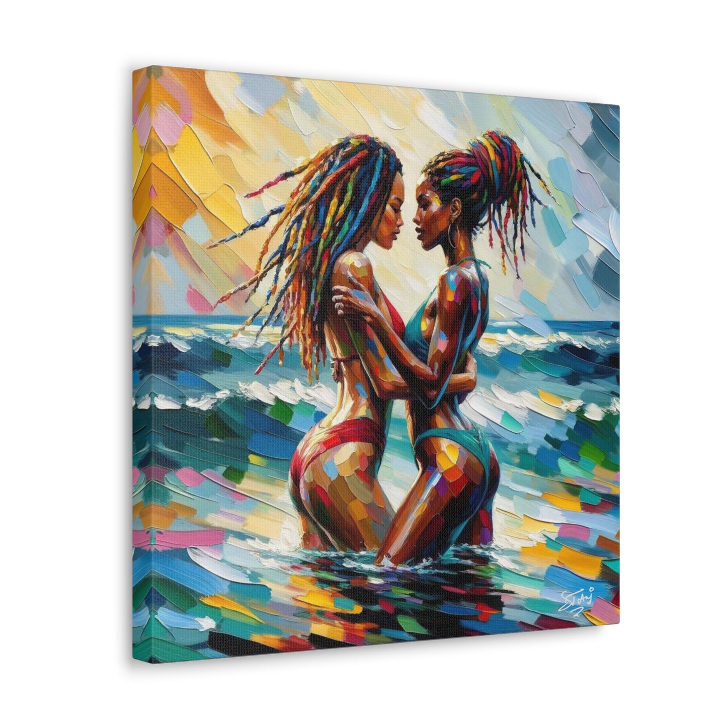 Art Print, Caribbean Couple, "In Our World" Semi-Abstract Oil Finish, West Indian Ethnicity, Cultural, Heritage, Abstract, Canvas Gallery Wrap