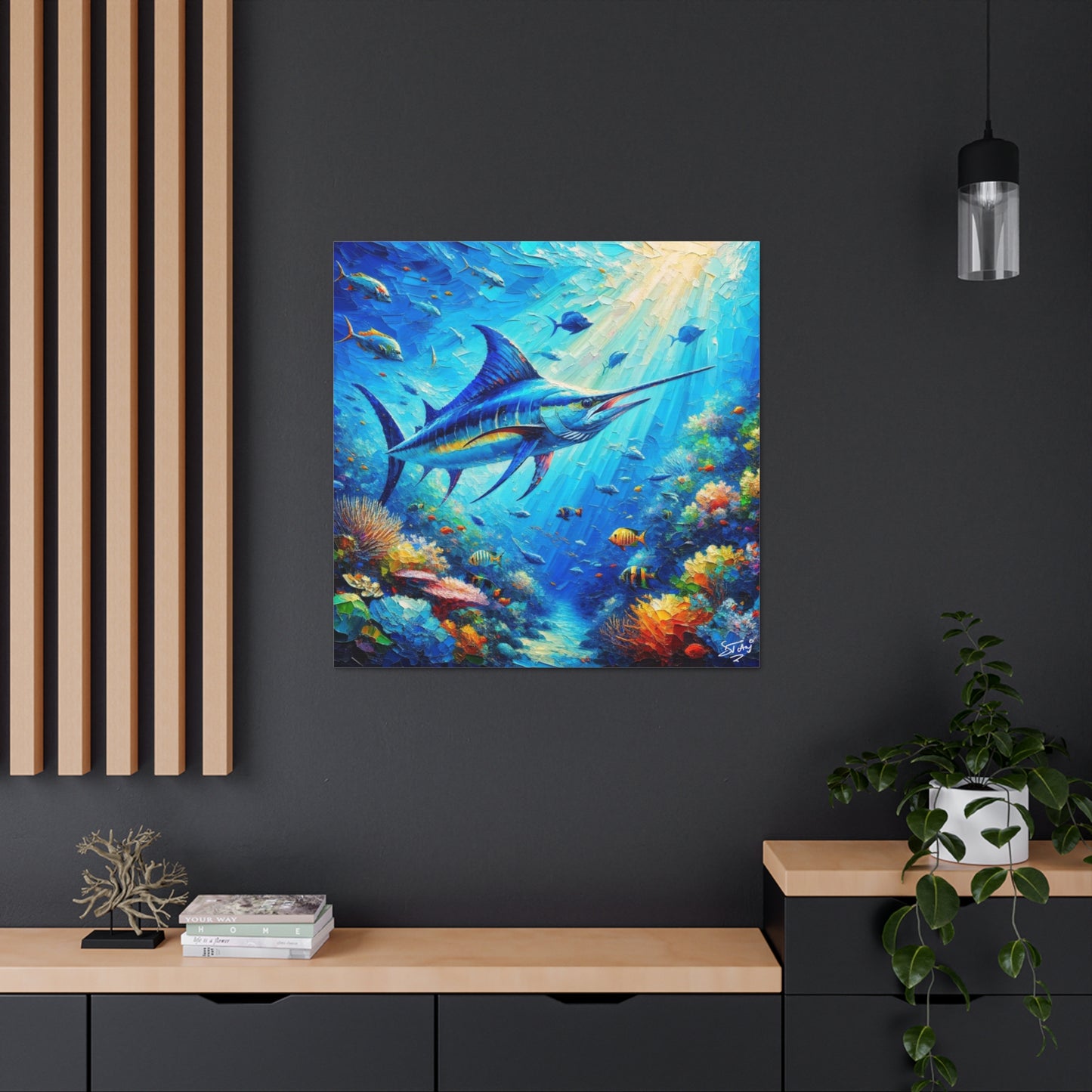 Art Print, Blue Marlin in Coral Reef, Oil Finish, Caribbean Nature, Semi-Abstract, Canvas Gallery Wrap