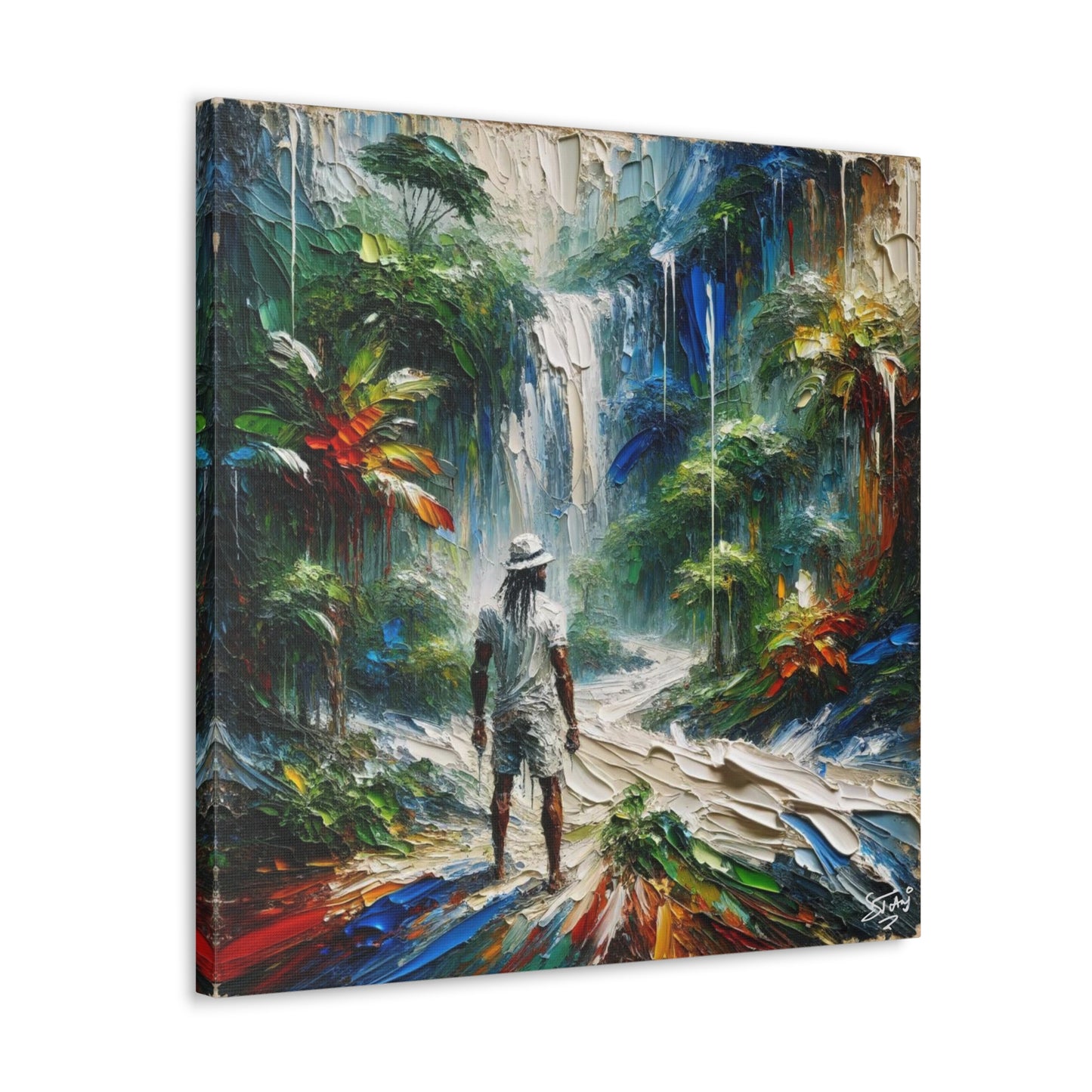 Art Print of Caribbean Man at Waterfall, West Indian Art, Canvas Gallery Wraps