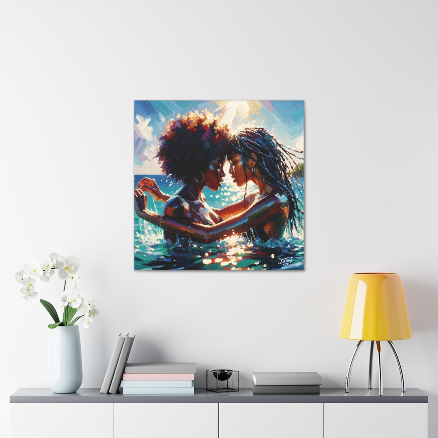 Art Print, Caribbean Couple, "In Our World" Semi-Abstract Oil Finish, West Indian Ethnicity, Cultural, Heritage, Abstract, Canvas Gallery Wrap