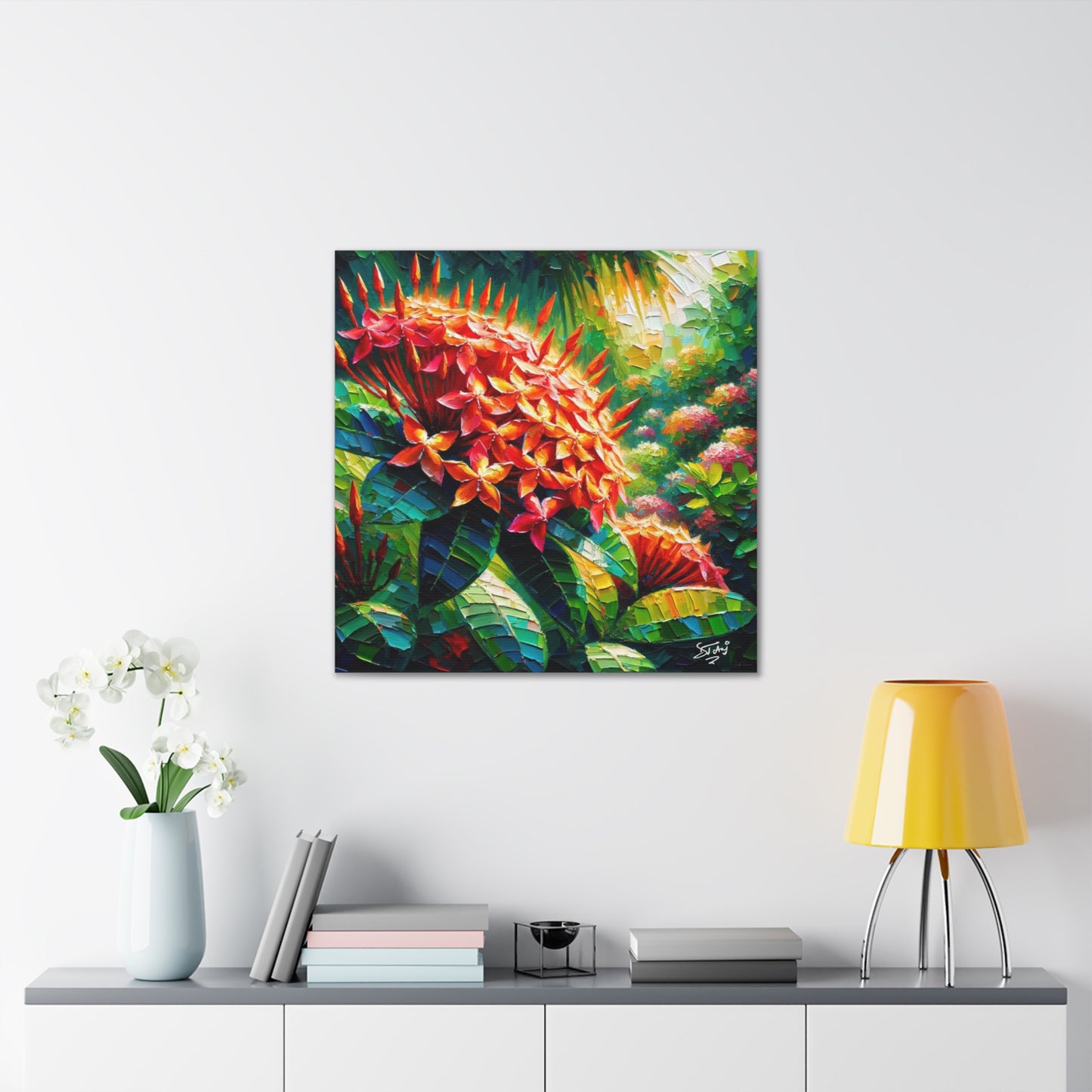 Art Print of Ixora Flowers, Oil Finish, West Indian Art, Canvas Gallery Wraps