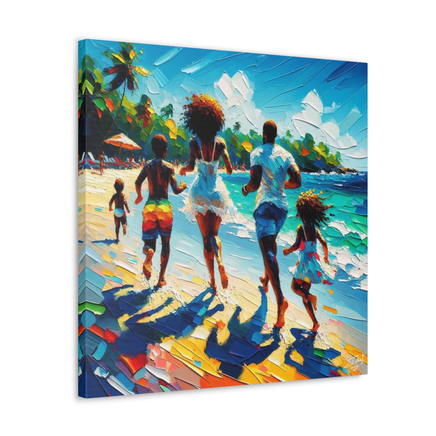 Art Print, Afro-Caribbean Family "Running on the Beach," Oil Finish, West Indian Ethnicity, Cultural, Heritage, Semi-Abstract, Canvas Gallery Wrap