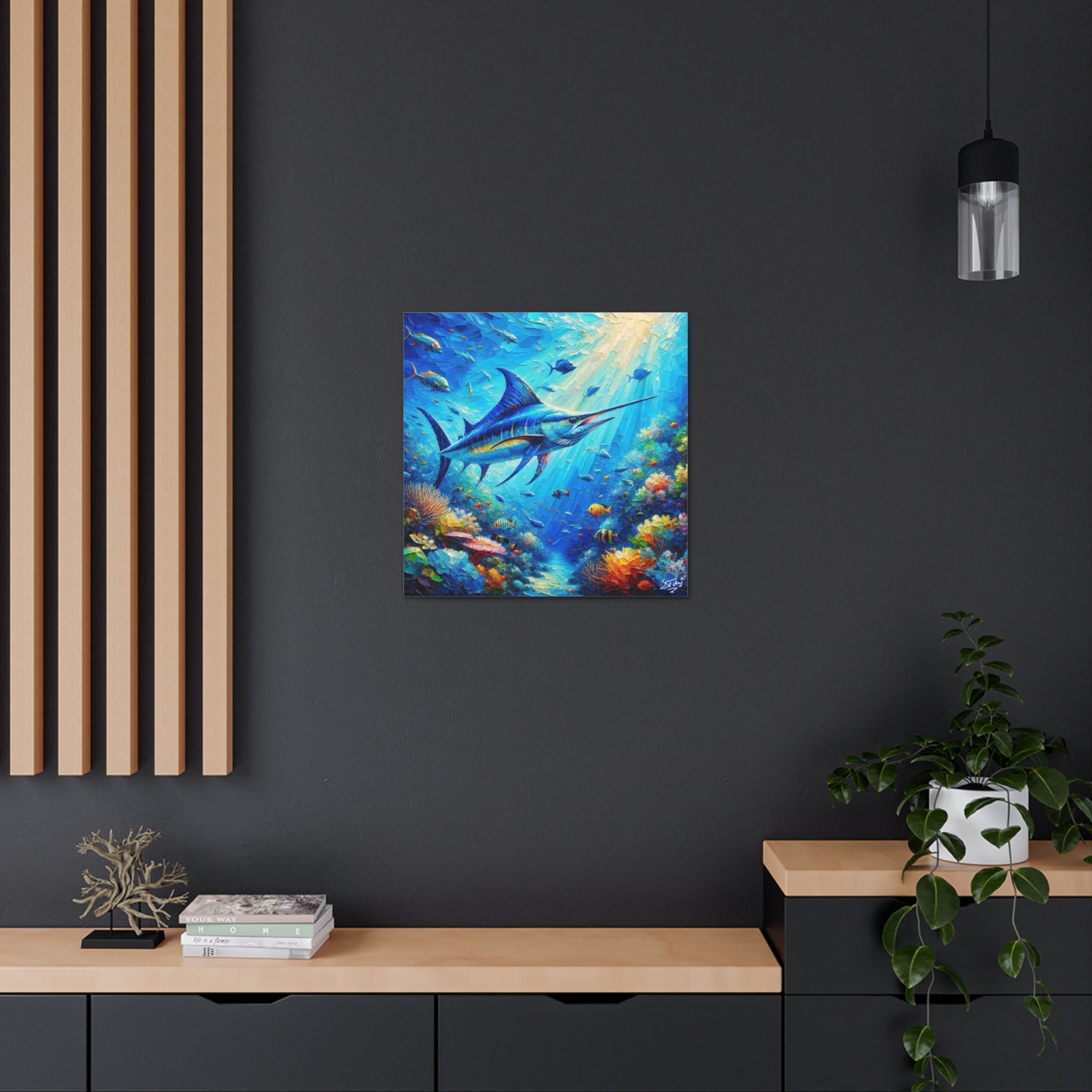 Art Print, Blue Marlin in Coral Reef, Oil Finish, Caribbean Nature, Semi-Abstract, Canvas Gallery Wrap