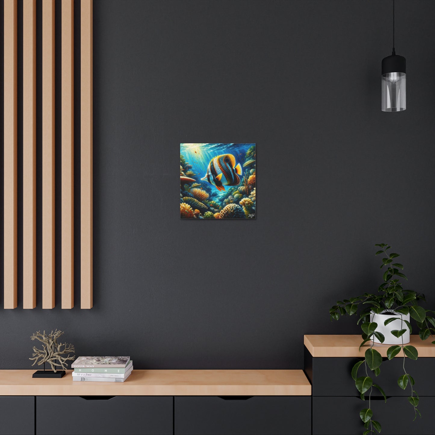 Art Print, Banded Butterflyfish in Coral Reef, Oil Finish, Caribbean Nature, Semi-Abstract, Canvas Gallery Wrap