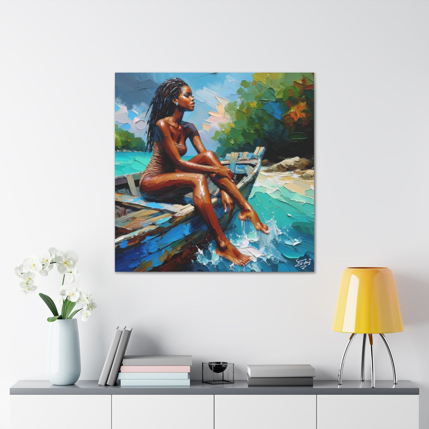 Art Print, Afro-Caribbean Woman "Chilling in the Boat (3)" Oil Finish, West Indian Ethnicity, Cultural, Heritage, Semi-Abstract, Canvas Gallery Wrap