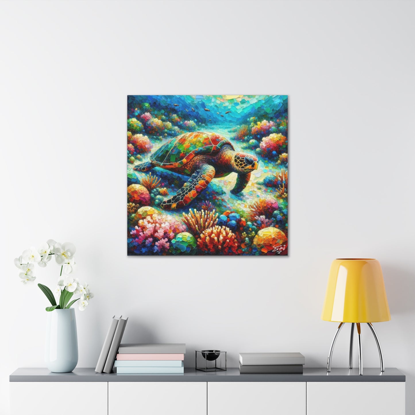 Art Print, Turtle in Reef, Oil Finish, Caribbean Nature, Cultural, Heritage, Semi-Abstract, Canvas Gallery Wrap