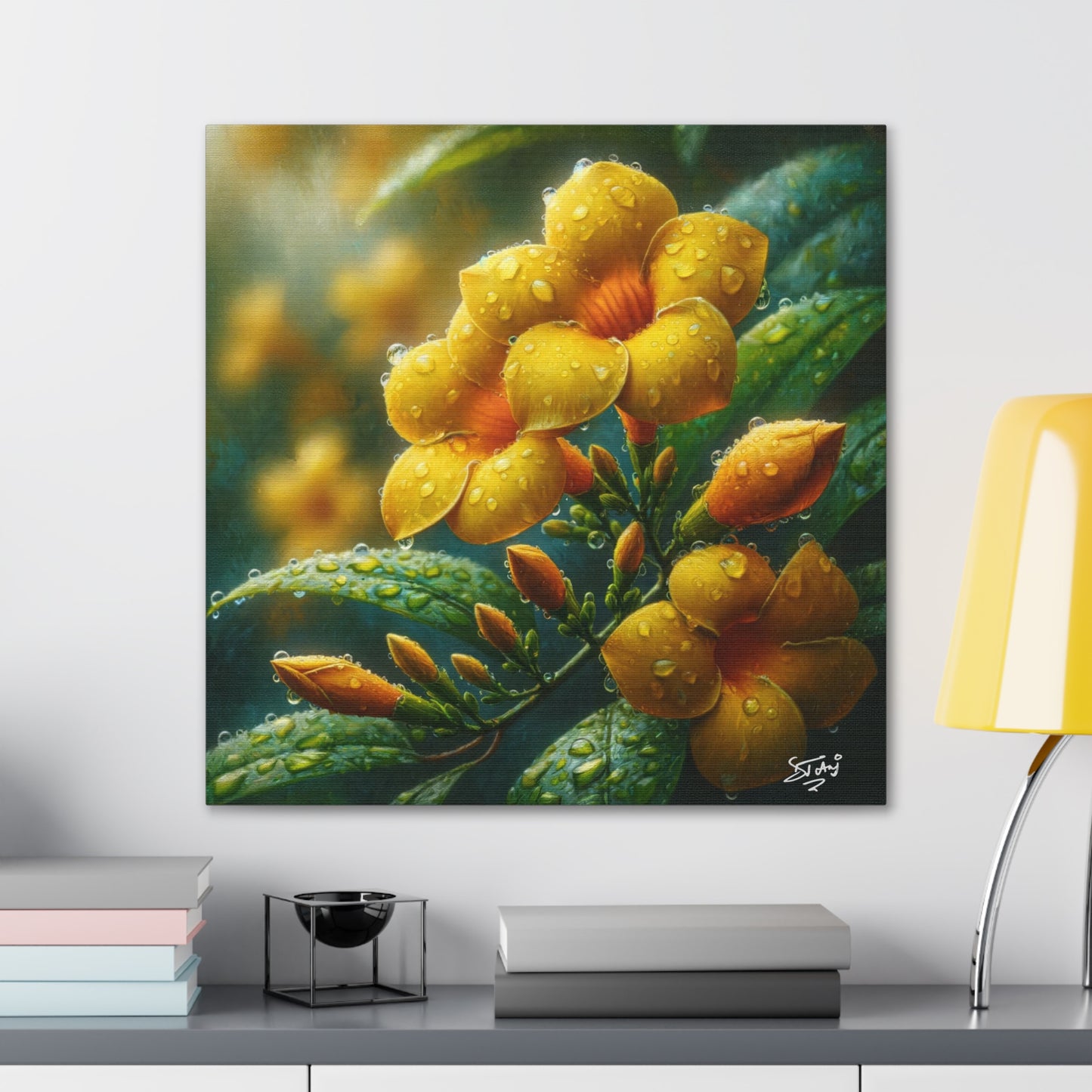 Print#2 of Yellow Allamanda Flowers in the Rain, Oil Paint Finish, Caribbean, Tropical, Canvas Gallery Wraps