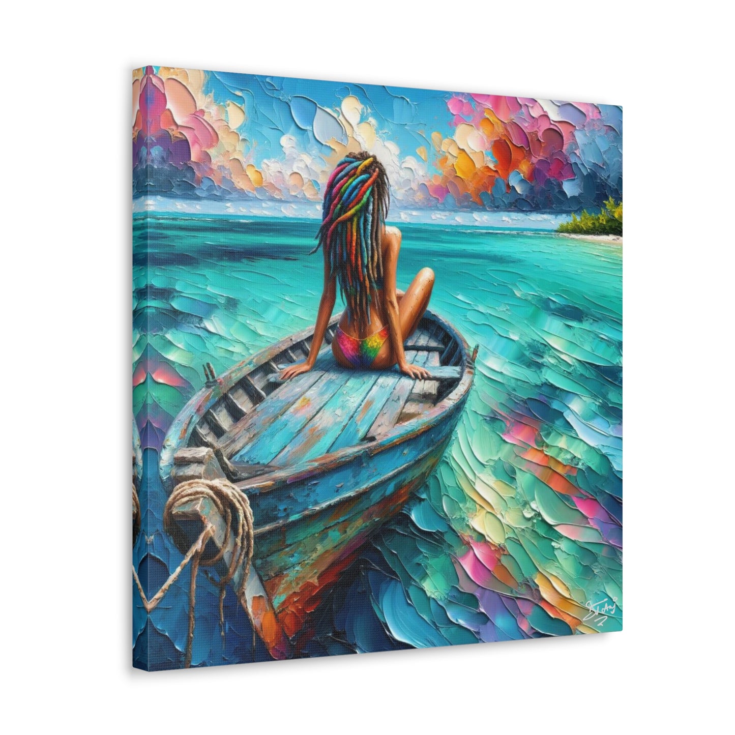 Art Print, Caribbean Woman "Chilling in the Boat" Oil Finish, West Indian Ethnicity, Cultural, Heritage, Semi-Abstract, Canvas Gallery Wrap