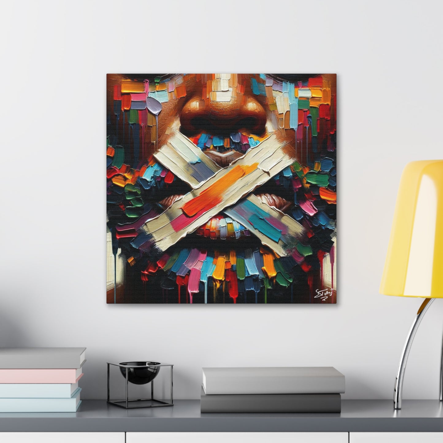 Art Print, Afro-Caribbean Man Silenced? Oil Finish, West Indian Ethnicity, Cultural, Heritage, Semi-Abstract, Canvas Gallery Wrap