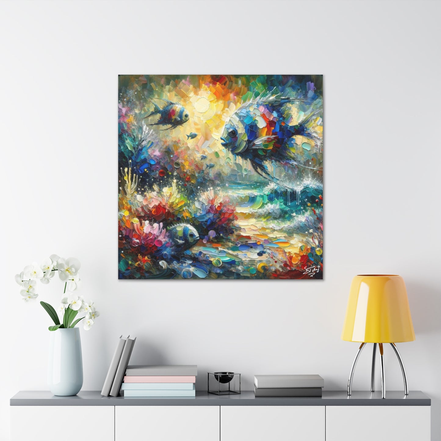 Art Print, Fishes in Coral Reef (2), Oil Finish, Caribbean Nature, Semi-Abstract, Canvas Gallery Wrap