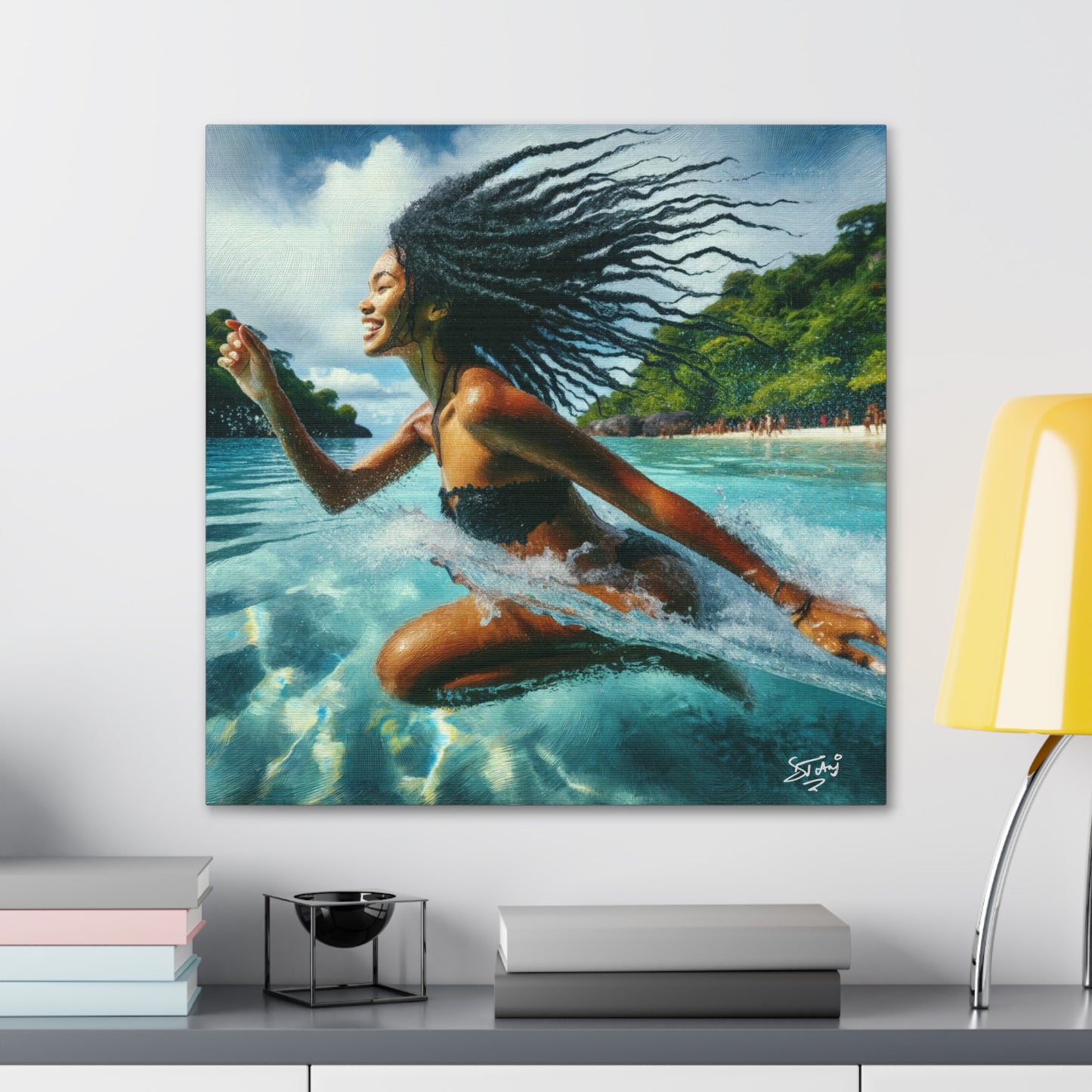 Art Print, Caribbean Woman, "Sea Bath" Abstract, Oil Finish, West Indian Ethnicity, Cultural, Heritage, Abstract, Canvas Gallery Wrap