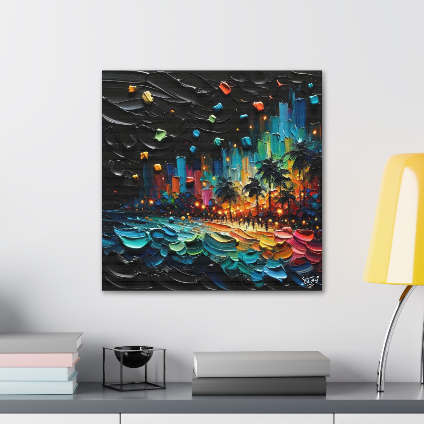 Art Print of Caribbean Beach at Night, Semi-Abstract, Oil Painting, West Indian Art, Canvas Gallery Wraps