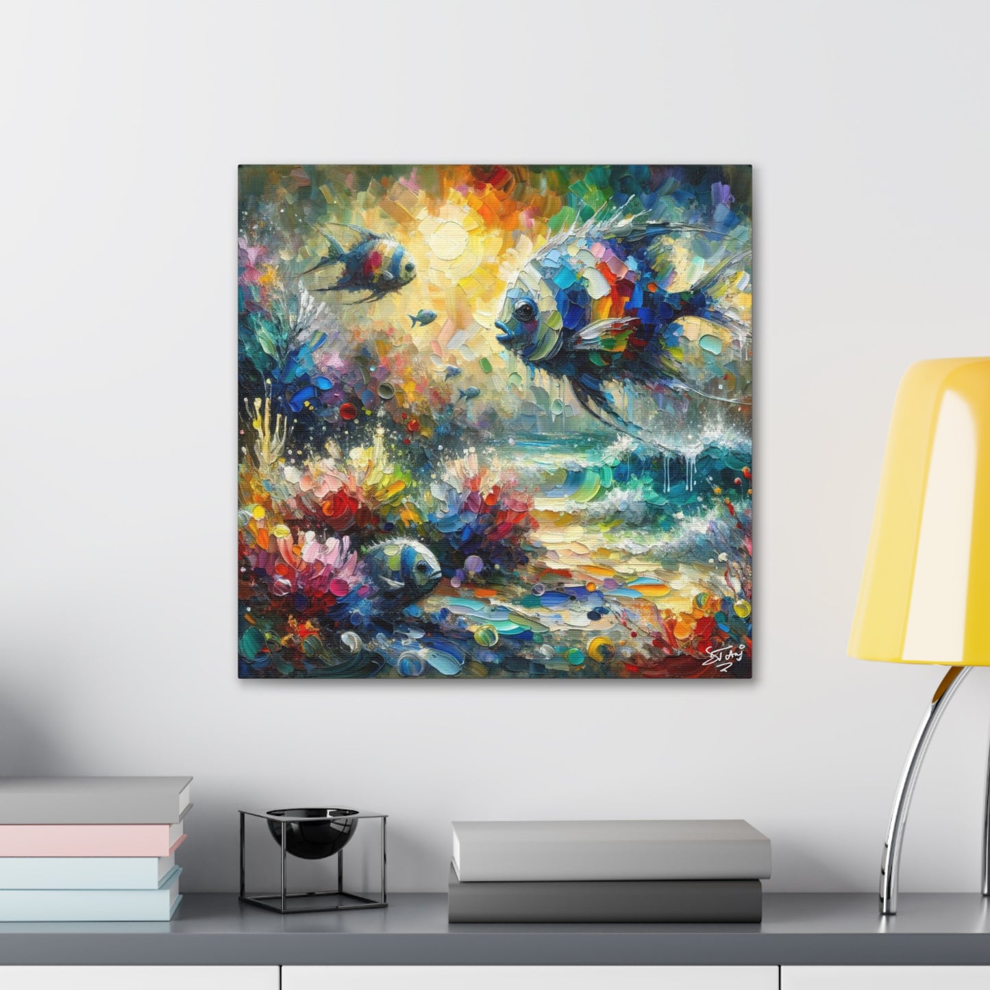 Art Print, Fishes in Coral Reef (2), Oil Finish, Caribbean Nature, Semi-Abstract, Canvas Gallery Wrap