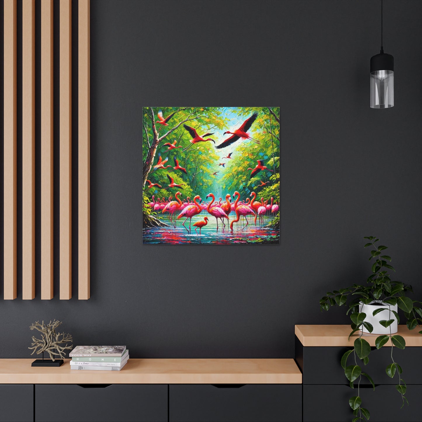 Art Print, Scarlet Ibises & Flamingos in Their Natural Mangrove Habitat in Trinidad and Tobago, Caribbean, West Indian Art, Canvas Gallery Wraps