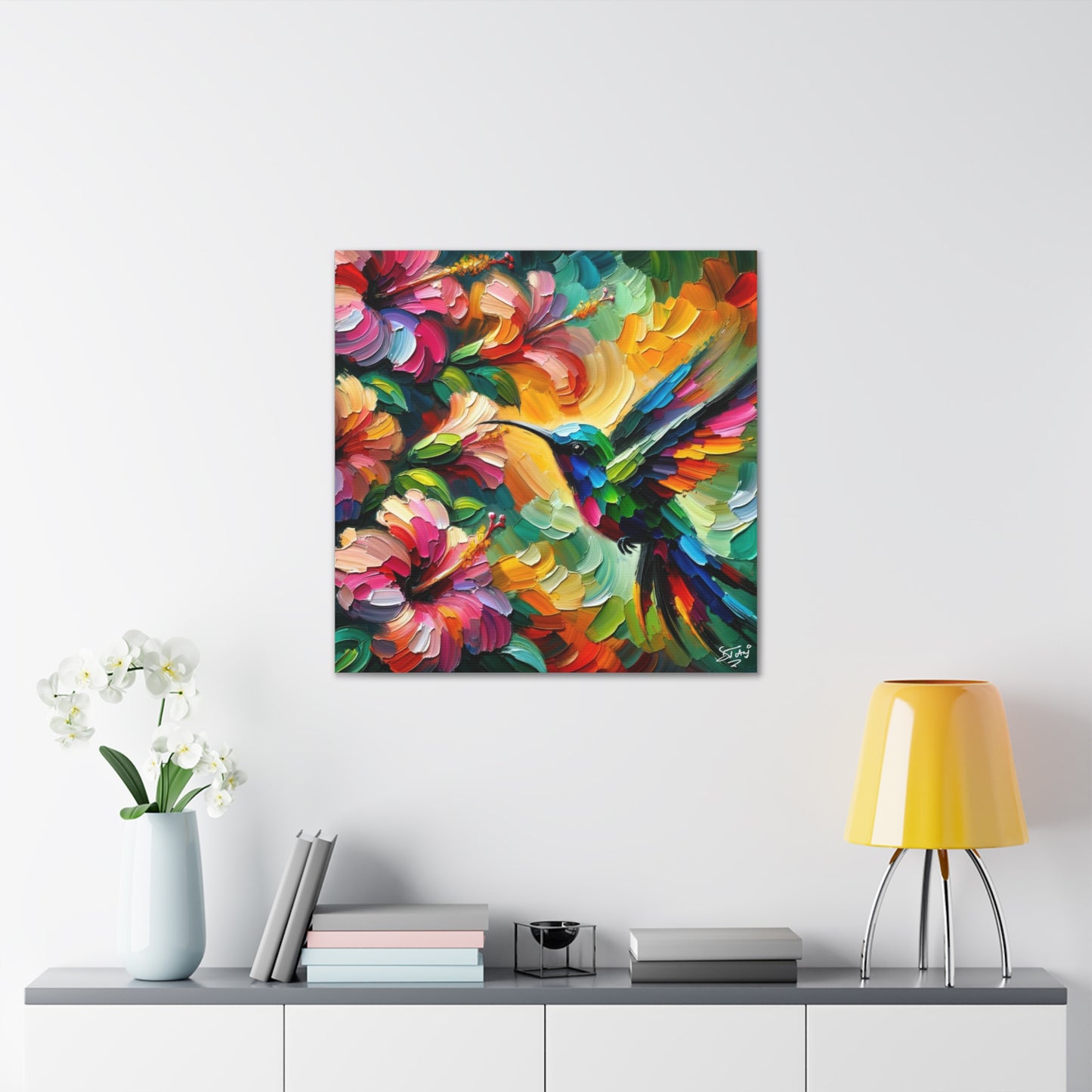 Art Print, Hummingbird on Hibiscus, Oil Finish, Caribbean Nature, Cultural, Heritage, Semi-Abstract, Canvas Gallery Wrap