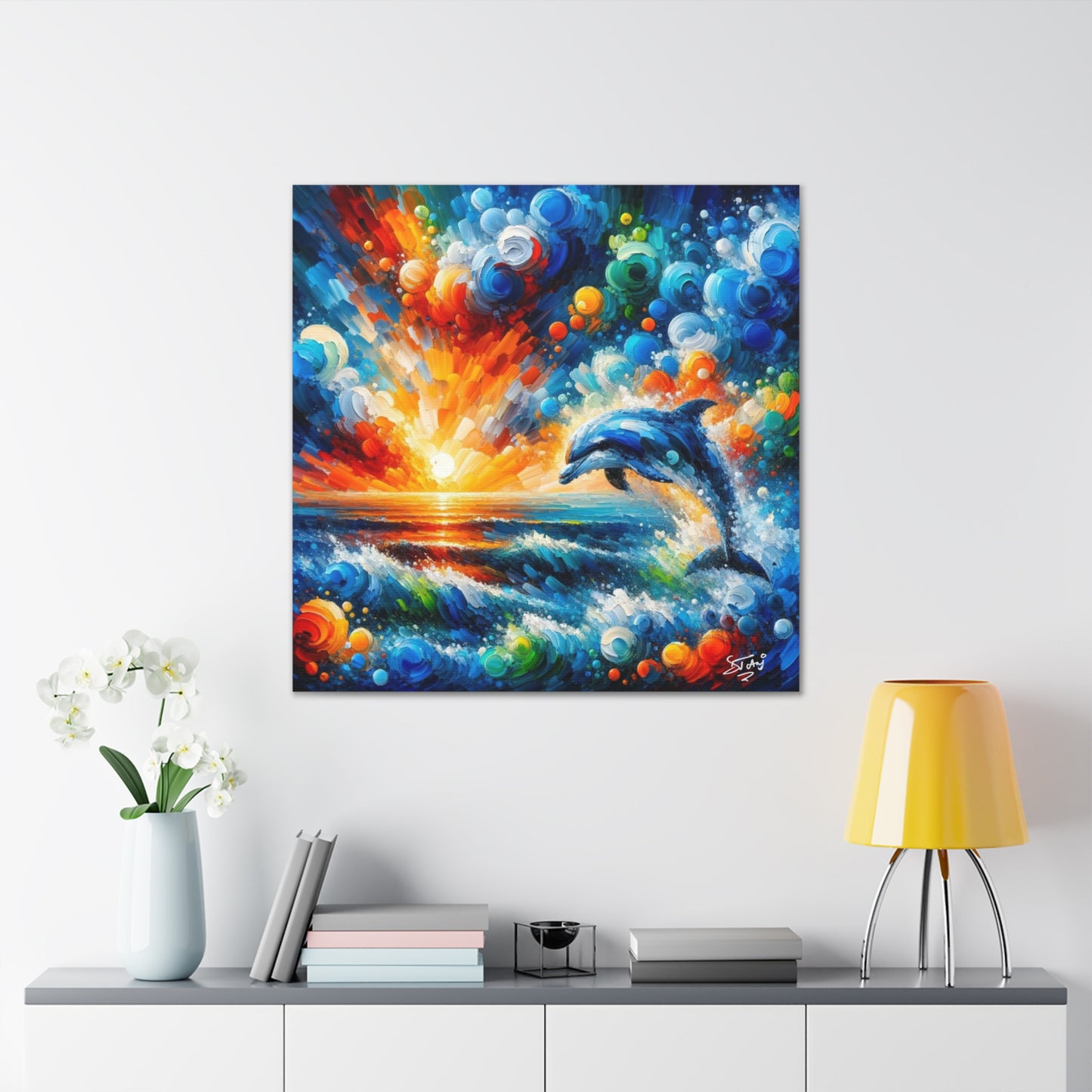 Art Print, Dolphin at Sunset, Abstract Oil Finish, Caribbean Nature, Canvas Gallery Wrap