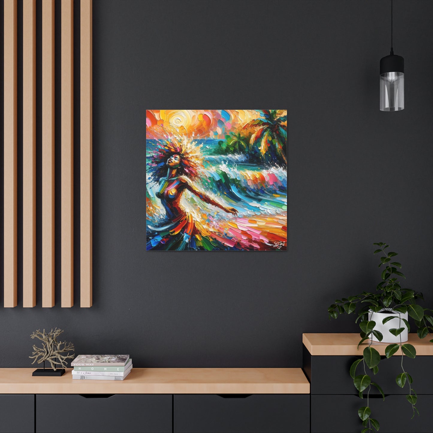 Art Print, Afro-Caribbean Woman, "Enjoying the Sunset" Abstract, Oil Finish, West Indian Ethnicity, Cultural, Heritage, Abstract, Canvas Gallery Wrap