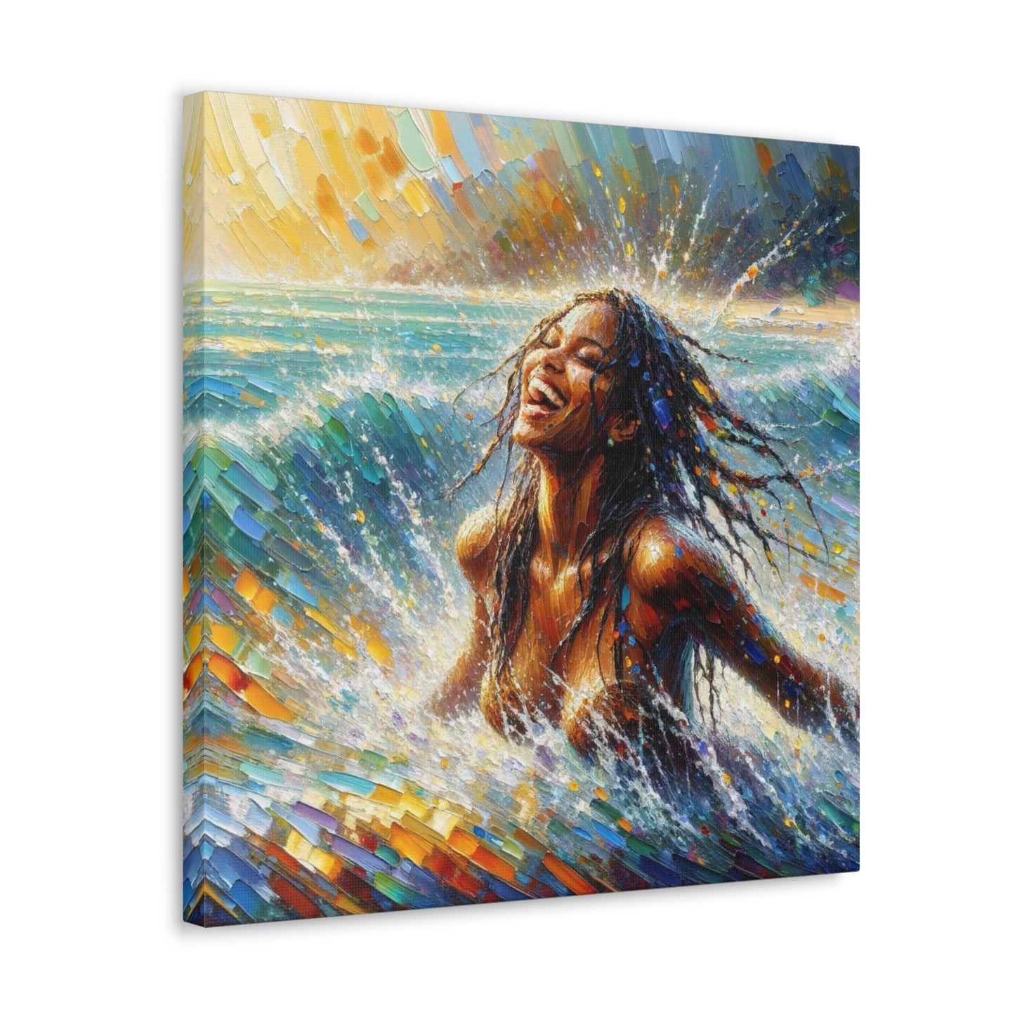 Art Print#4 of Dougla Woman's Exhilaration Captured - Joy, Laughter, Color, Caribbean Sea, Oil Finish, West Indian Art, Canvas Gallery Wraps