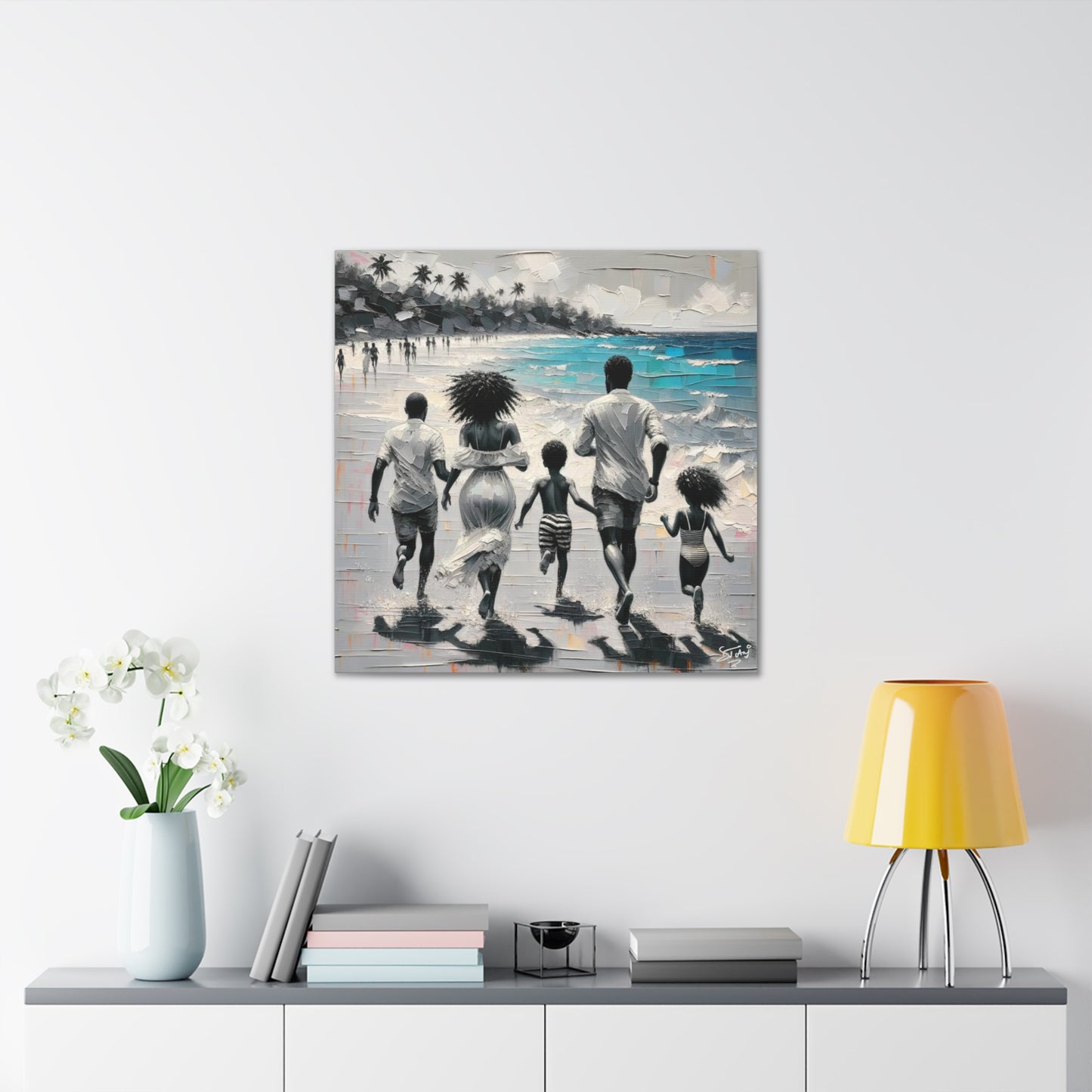 Art Print, Afro-Caribbean Family on the Beach, Oil Finish, West Indian Ethnicity, Cultural, Heritage, Semi-Abstract, Canvas Gallery Wrap