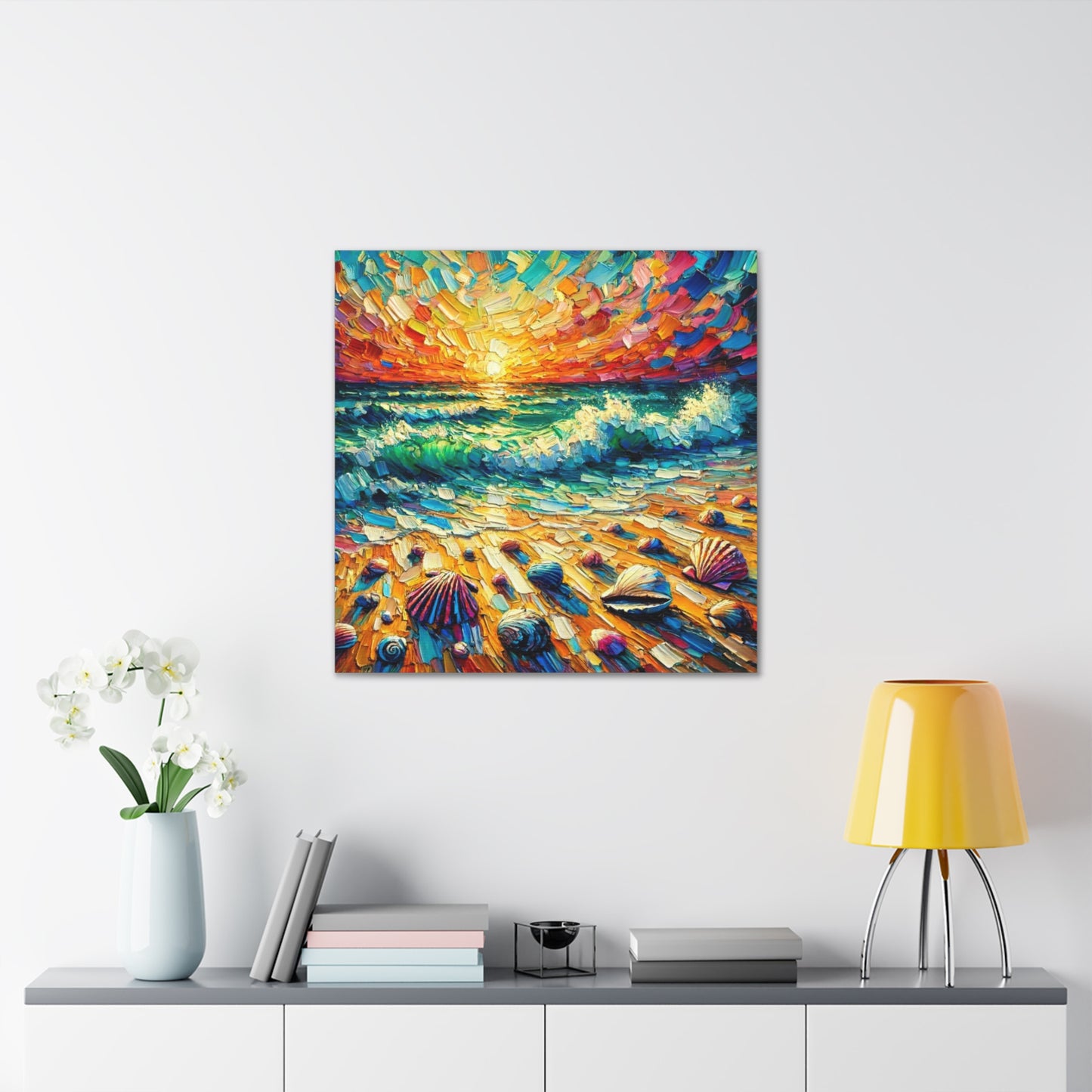 Art Print, Seashells on Caribbean Beach, Sunset, Semi-Abstract, Oil Painting, West Indian Art, Canvas Gallery Wraps