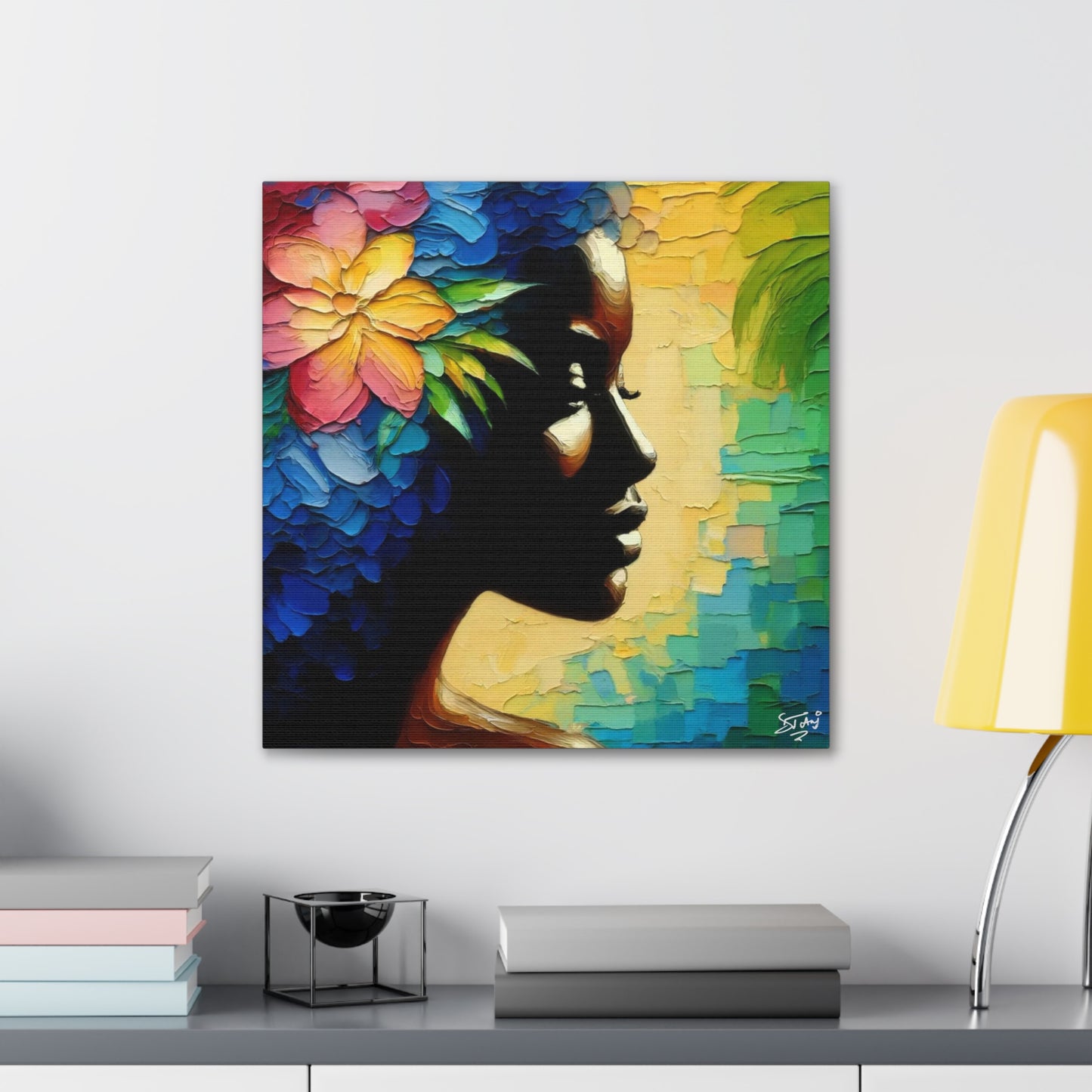 Art Print, Afro-Caribbean Woman "Deep in Thought" Oil Finish, West Indian Ethnicity, Cultural, Heritage, Semi-Abstract, Canvas Gallery Wrap