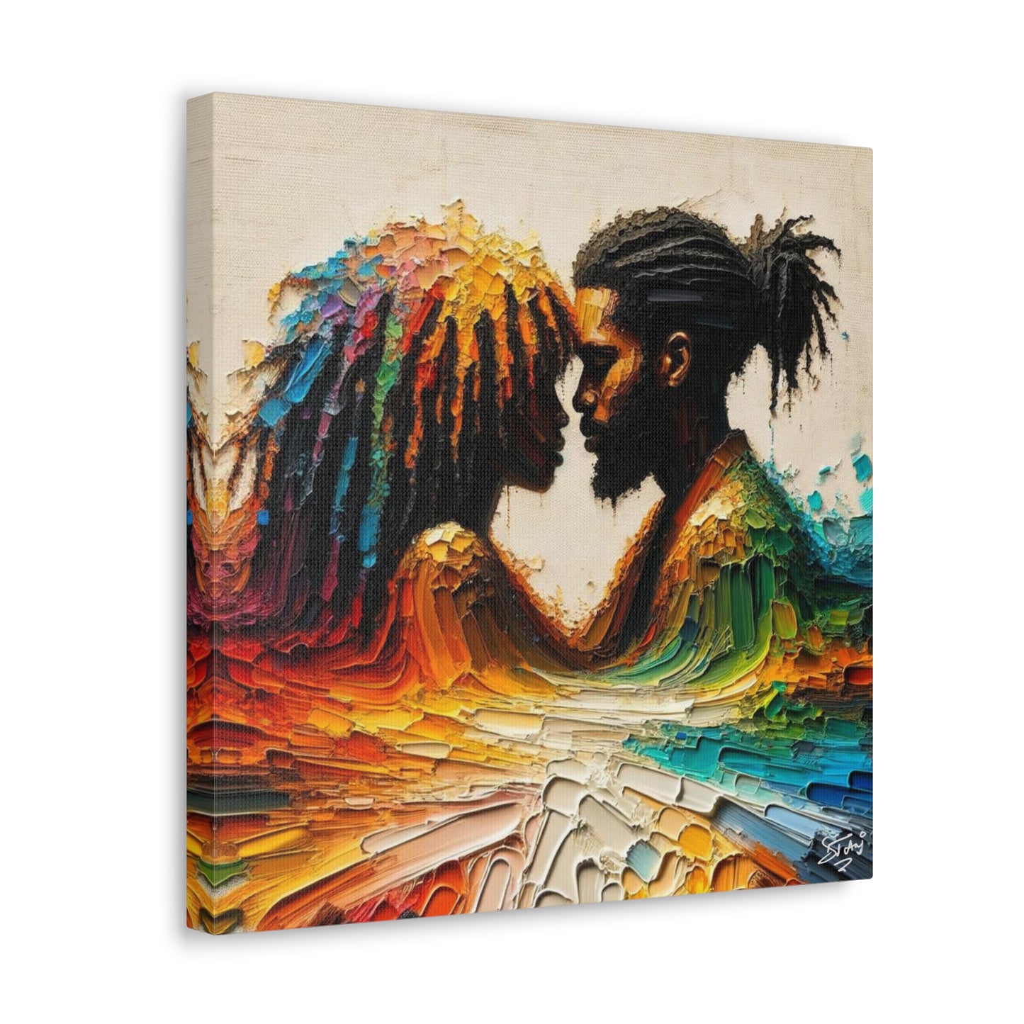 Art Print, Afro-Caribbean Couple in Love (2), Oil Finish, West Indian Ethnicity, Cultural, Heritage, Semi-Abstract, Canvas Gallery Wrap