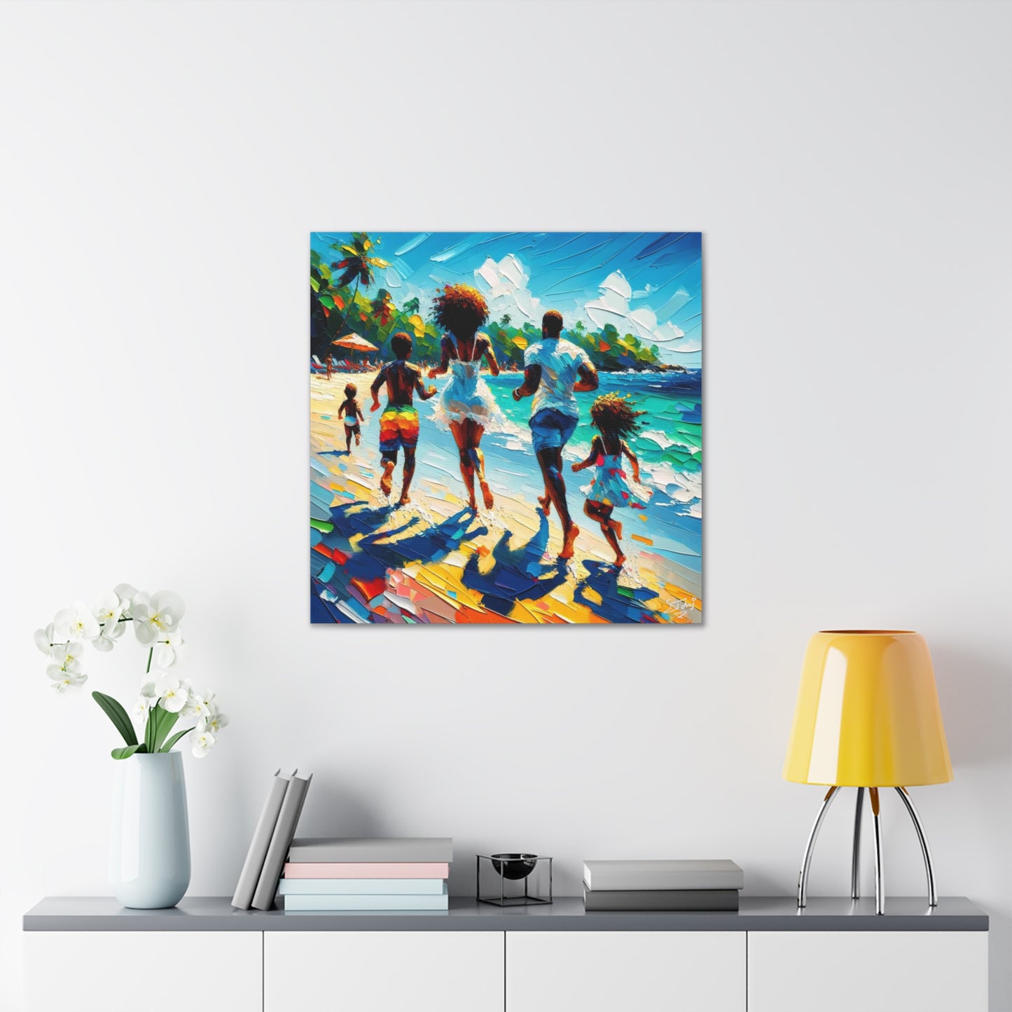 Art Print, Afro-Caribbean Family "Running on the Beach," Oil Finish, West Indian Ethnicity, Cultural, Heritage, Semi-Abstract, Canvas Gallery Wrap