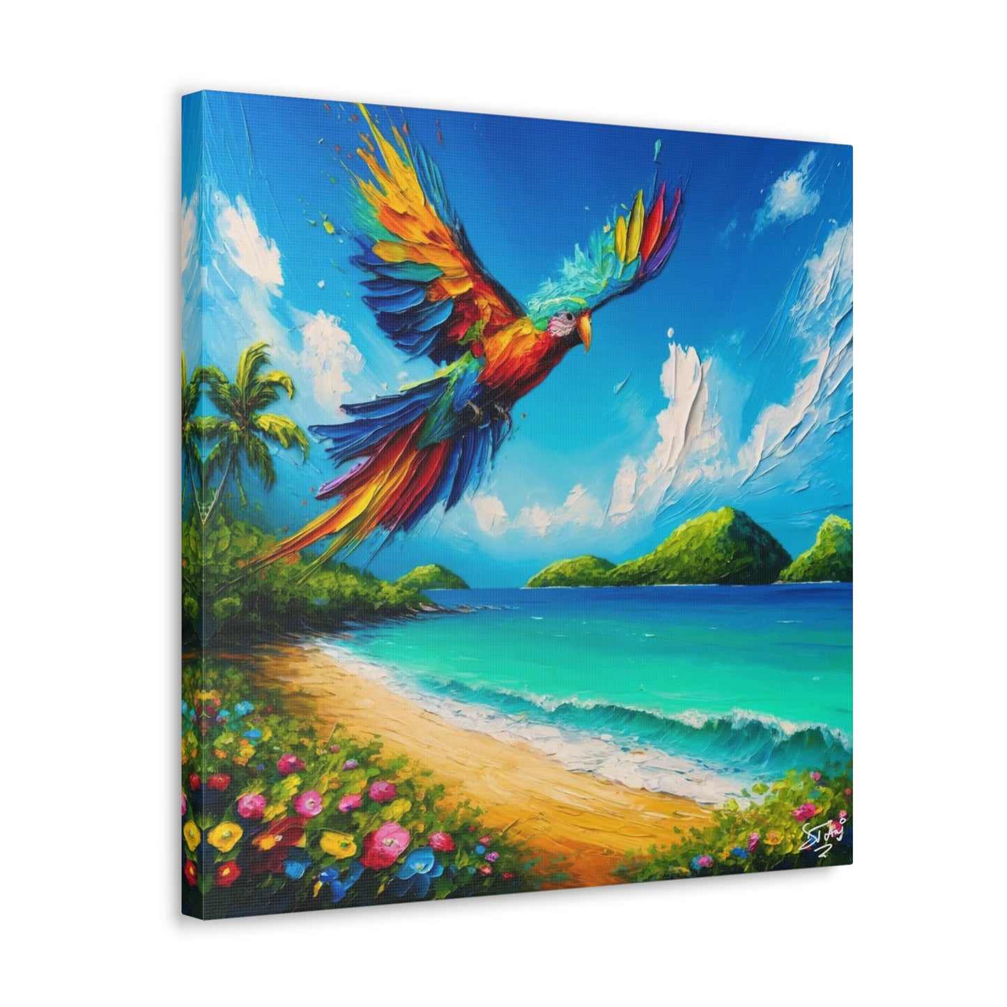 Art Print, "Bird Enjoying View," Oil Finish, Caribbean Nature, Cultural, Heritage, Semi-Abstract, Canvas Gallery Wrap