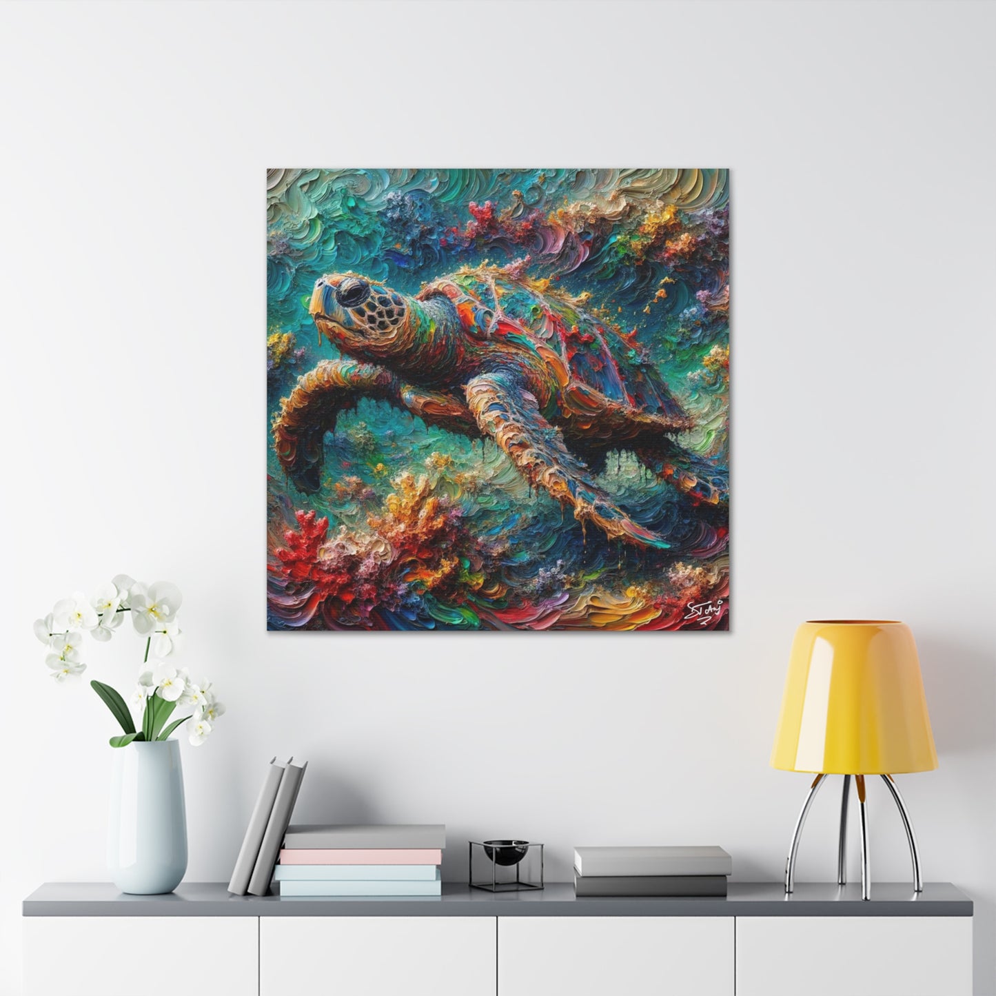 Art Print, Turtle in Reef, Oil Finish, Caribbean Nature, Cultural, Heritage, Semi-Abstract, Canvas Gallery Wrap