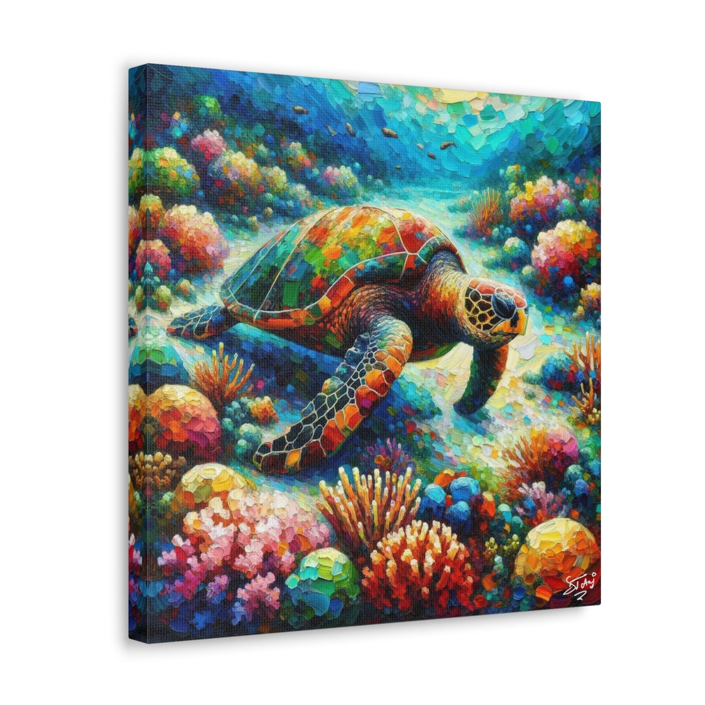 Art Print, Turtle in Reef, Oil Finish, Caribbean Nature, Cultural, Heritage, Semi-Abstract, Canvas Gallery Wrap