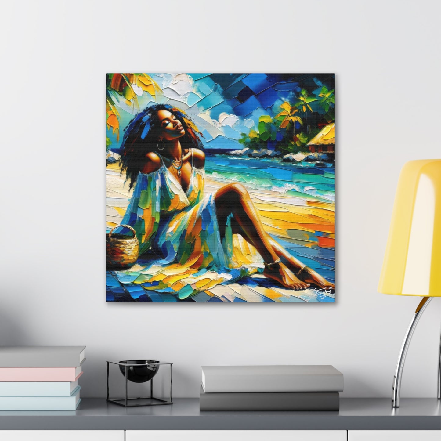 Art Print, Afro-Caribbean Woman, "Relaxing" Oil Finish, West Indian Ethnicity, Cultural, Heritage, Abstract, Canvas Gallery Wrap