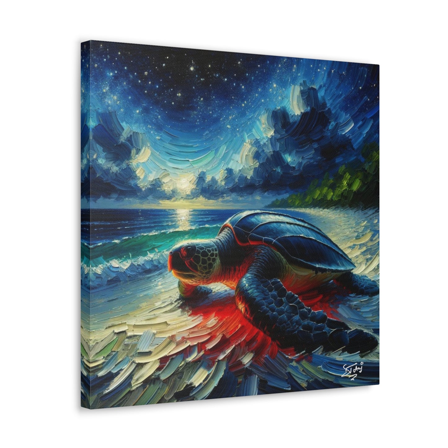 Art Print, Turtle at Night, Caribbean Wildlife, Oil Finish, Caribbean Nature, Culture, Heritage, Canvas Gallery Wrap