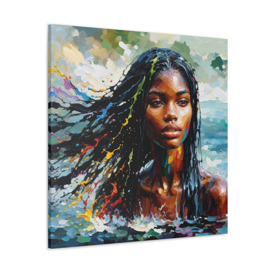 Art Print#4 of Trini Woman - Chilling in the Caribbean Sea, Oil Finish, West Indian Ethnicity, Cultural, Heritage Art, Canvas Gallery Wraps