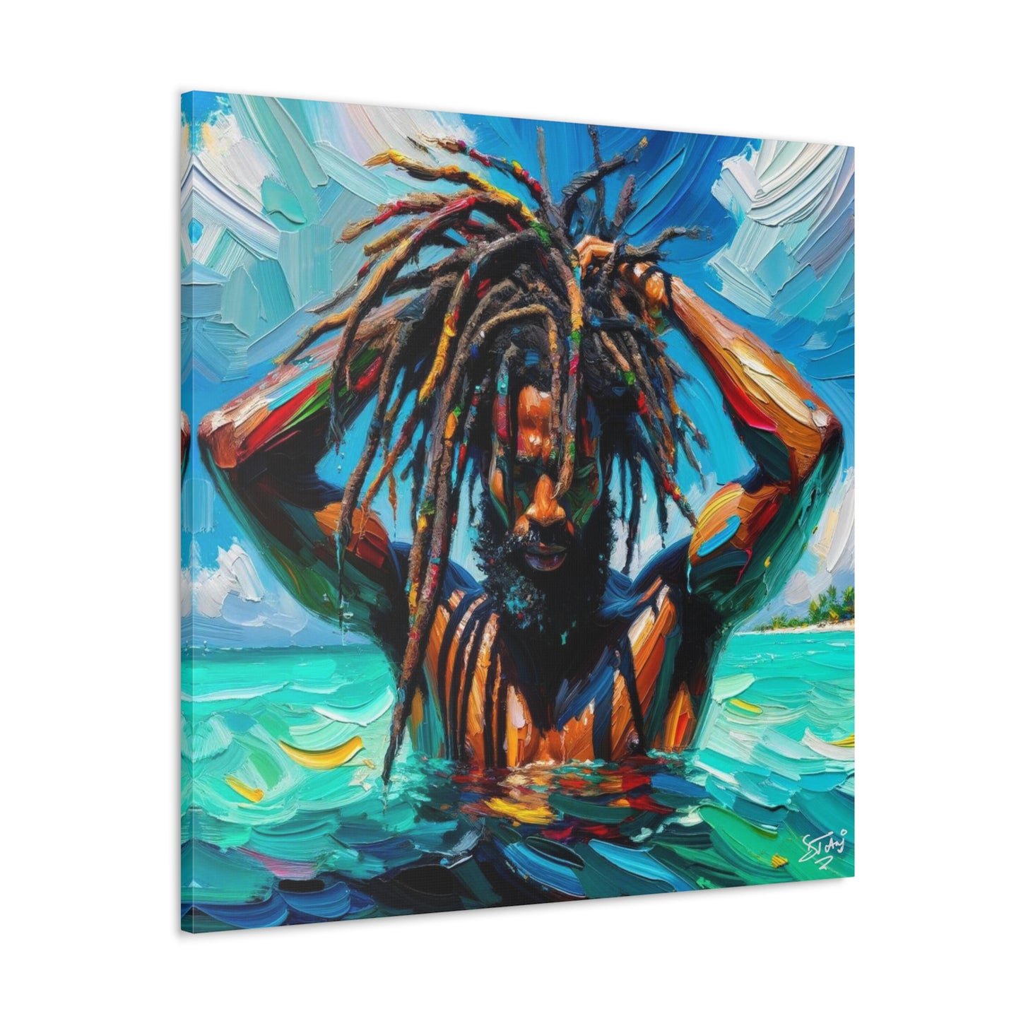 Art Print, Afro-Caribbean Man with Dreadlocks, Oil Finish, West Indian Ethnicity, Cultural, Heritage, Semi-Abstract, Canvas Gallery Wrap