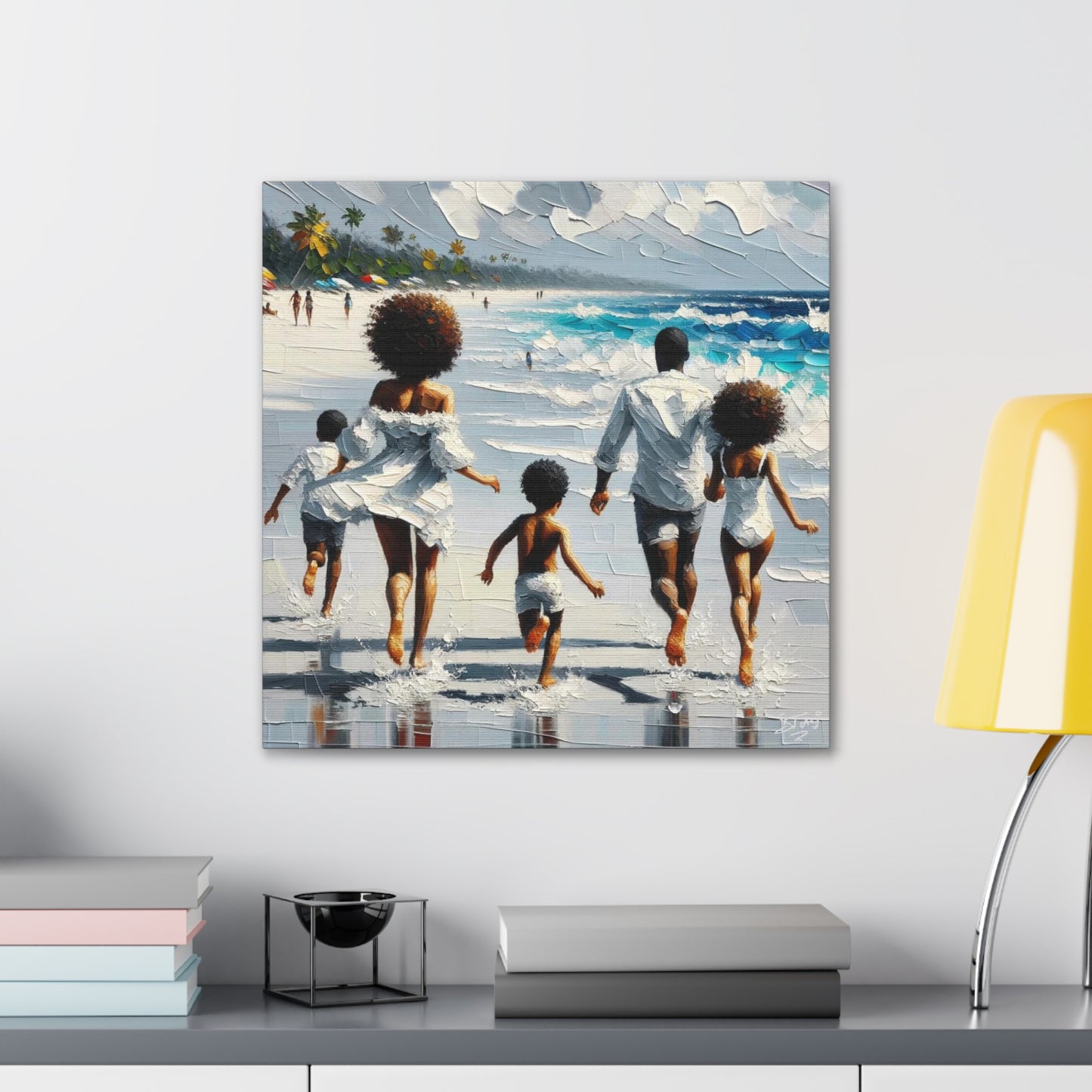 Art Print, Afro-Caribbean Family on the Beach, Oil Finish, West Indian Ethnicity, Cultural, Heritage, Semi-Abstract, Canvas Gallery Wrap