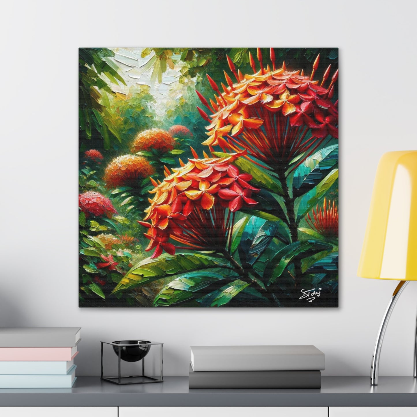 Art Print of Ixora Flowers, Oil Finish, West Indian Art, Canvas Gallery Wraps