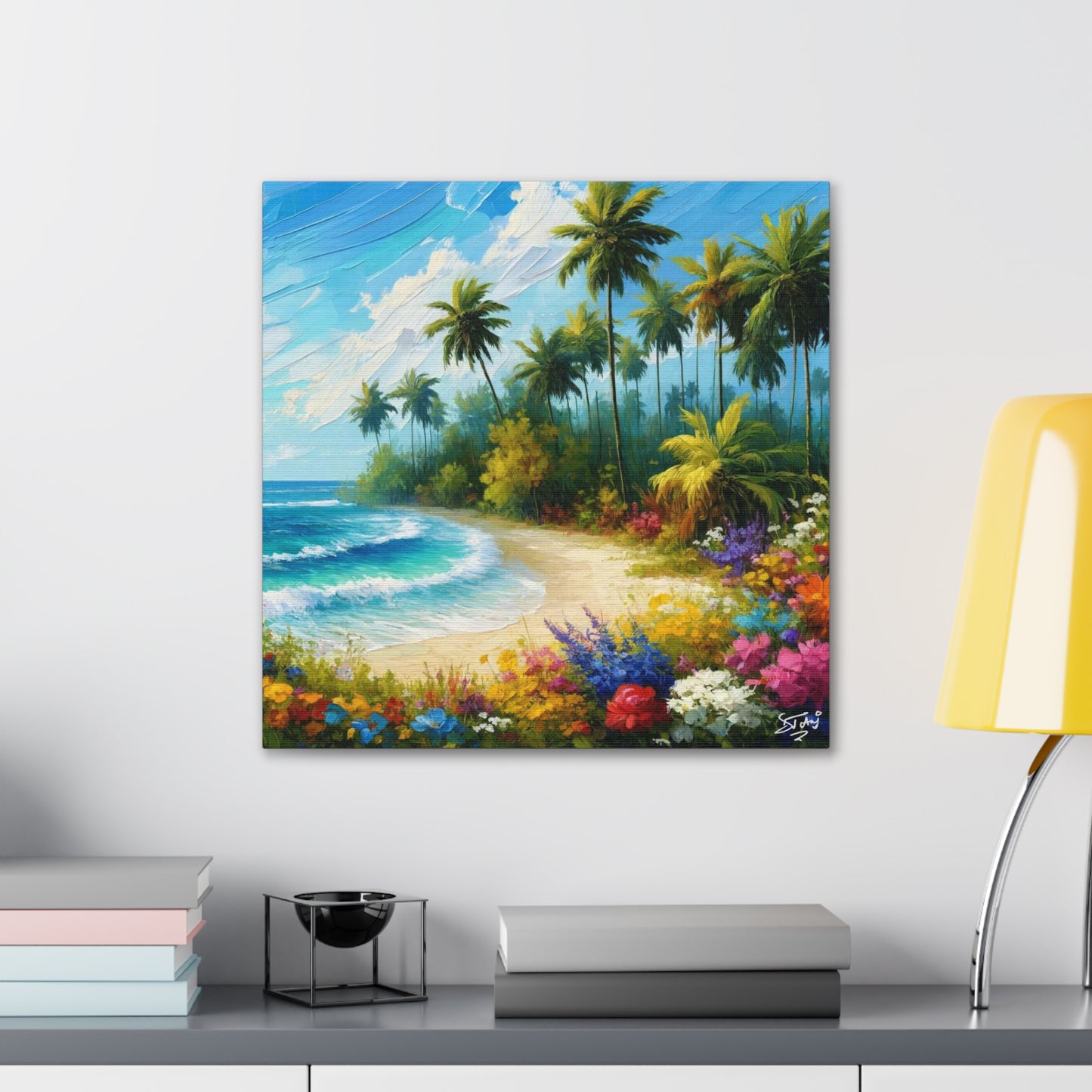 Art Print of Caribbean Beach Scene, Abstract, Oil Painting, West Indian Art, Canvas Gallery Wraps