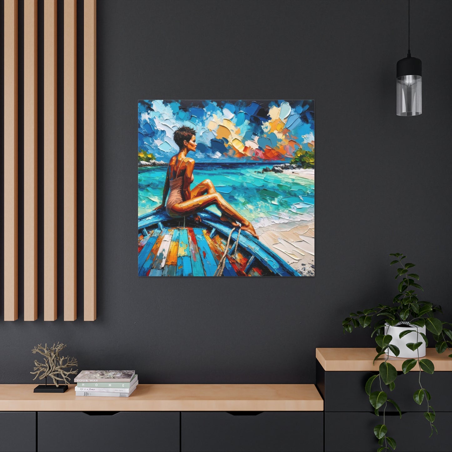 Art Print, Caribbean Woman "Chilling in the Boat" Oil Finish, West Indian Ethnicity, Cultural, Heritage, Semi-Abstract, Canvas Gallery Wrap