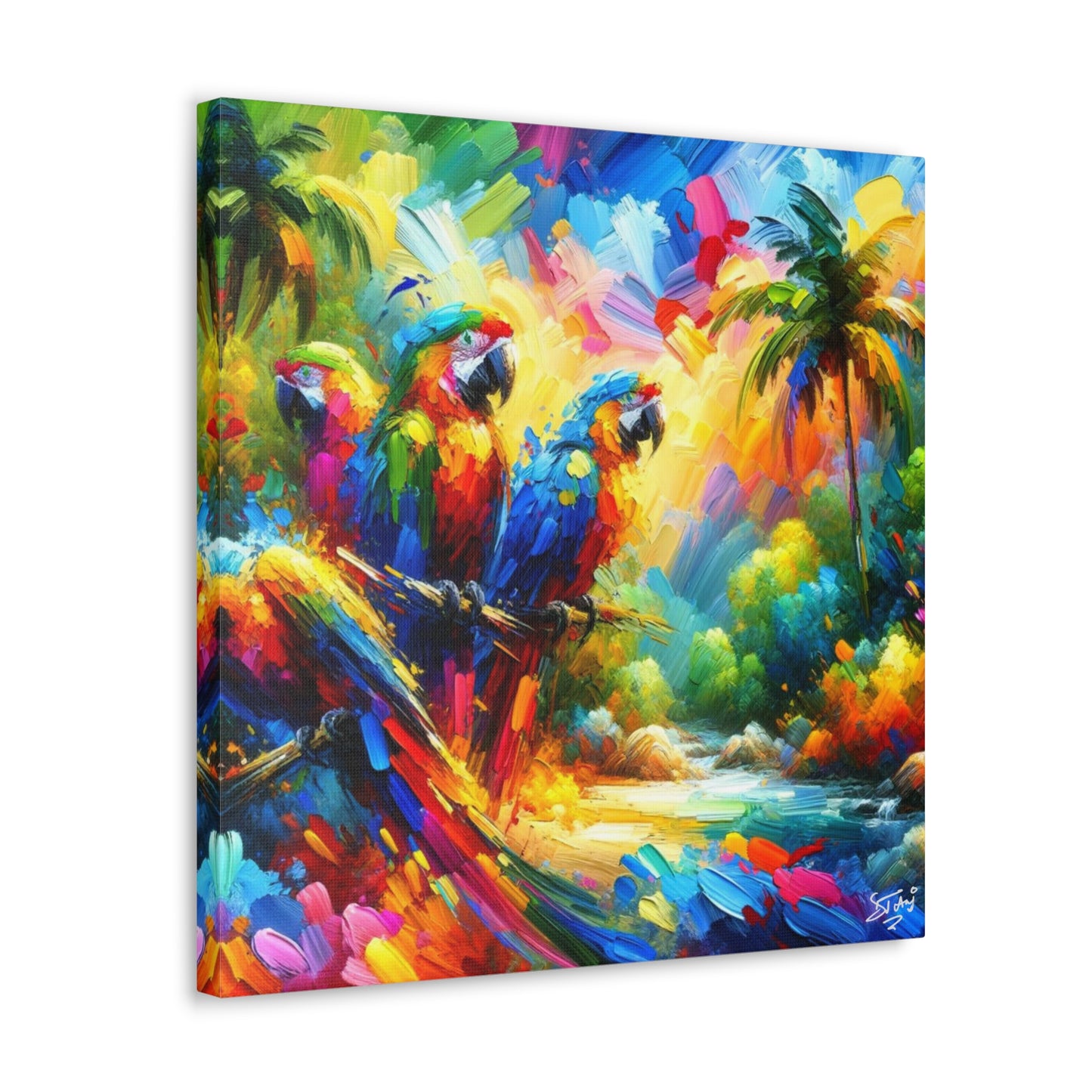 Art Print, The Parrots, Oil Finish, Caribbean Nature, Cultural, Heritage, Semi-Abstract, Canvas Gallery Wrap