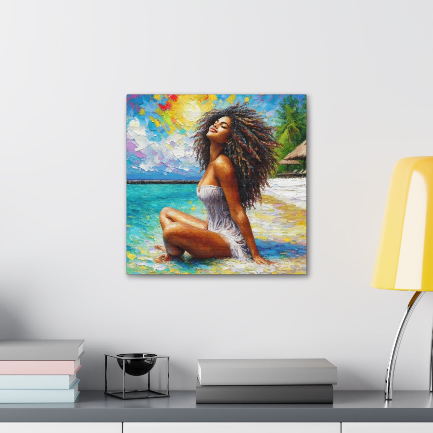 Art Print, Indo-Caribbean Woman, "Chilling on the Beach" Oil Finish, West Indian Ethnicity, Cultural, Heritage, Abstract, Canvas Gallery Wrap