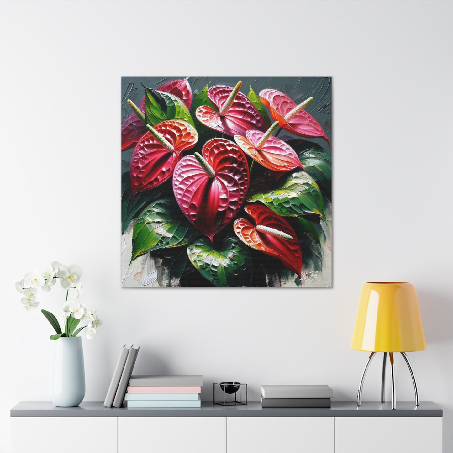 Print of Anthurium flowers with a vibrant, oil-painted finish, Canvas Gallery Wraps