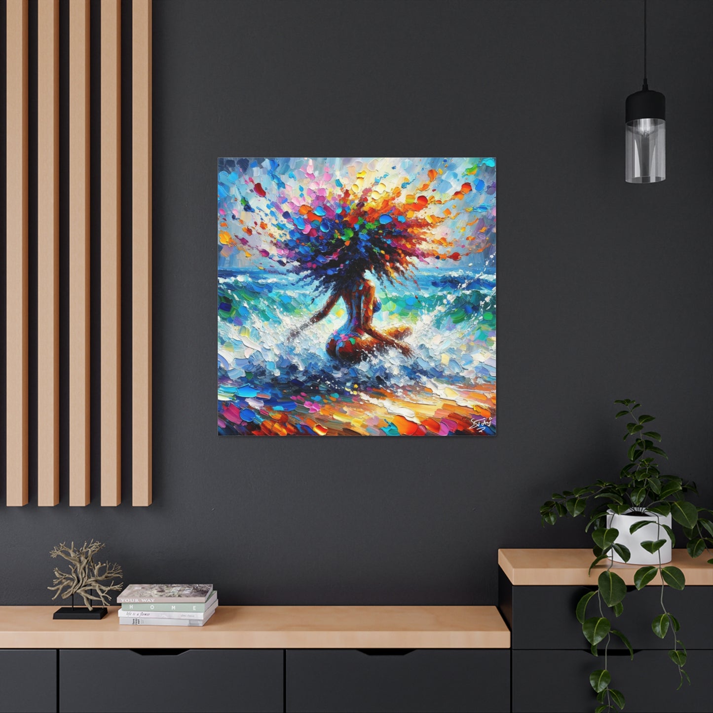 Art Print, Afro-Caribbean Woman, "Splashing Fun" Oil Finish, West Indian Ethnicity, Cultural, Heritage, Abstract, Canvas Gallery Wrap