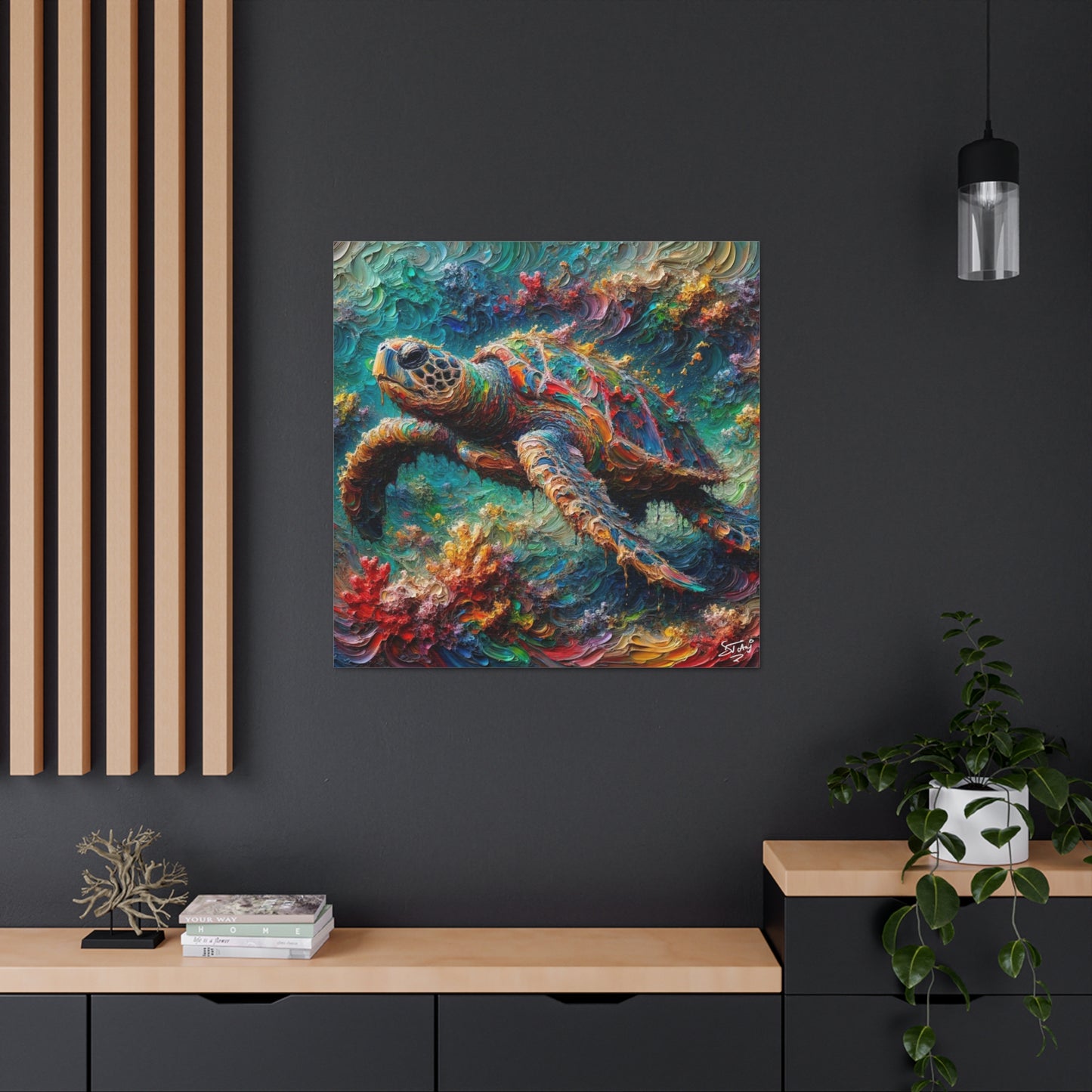 Art Print, Turtle in Reef, Oil Finish, Caribbean Nature, Cultural, Heritage, Semi-Abstract, Canvas Gallery Wrap