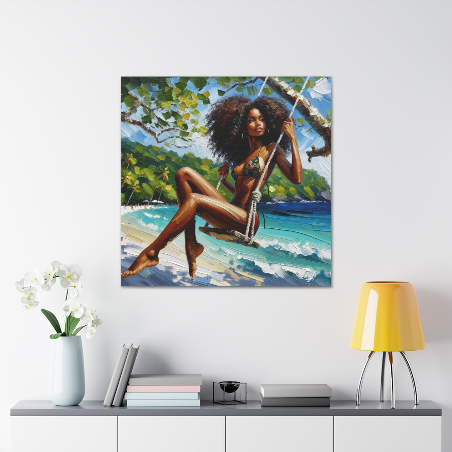 Art Print, Afro-Caribbean Woman, "Swinging" Oil Finish, West Indian Ethnicity, Cultural, Heritage, Abstract, Canvas Gallery Wrap